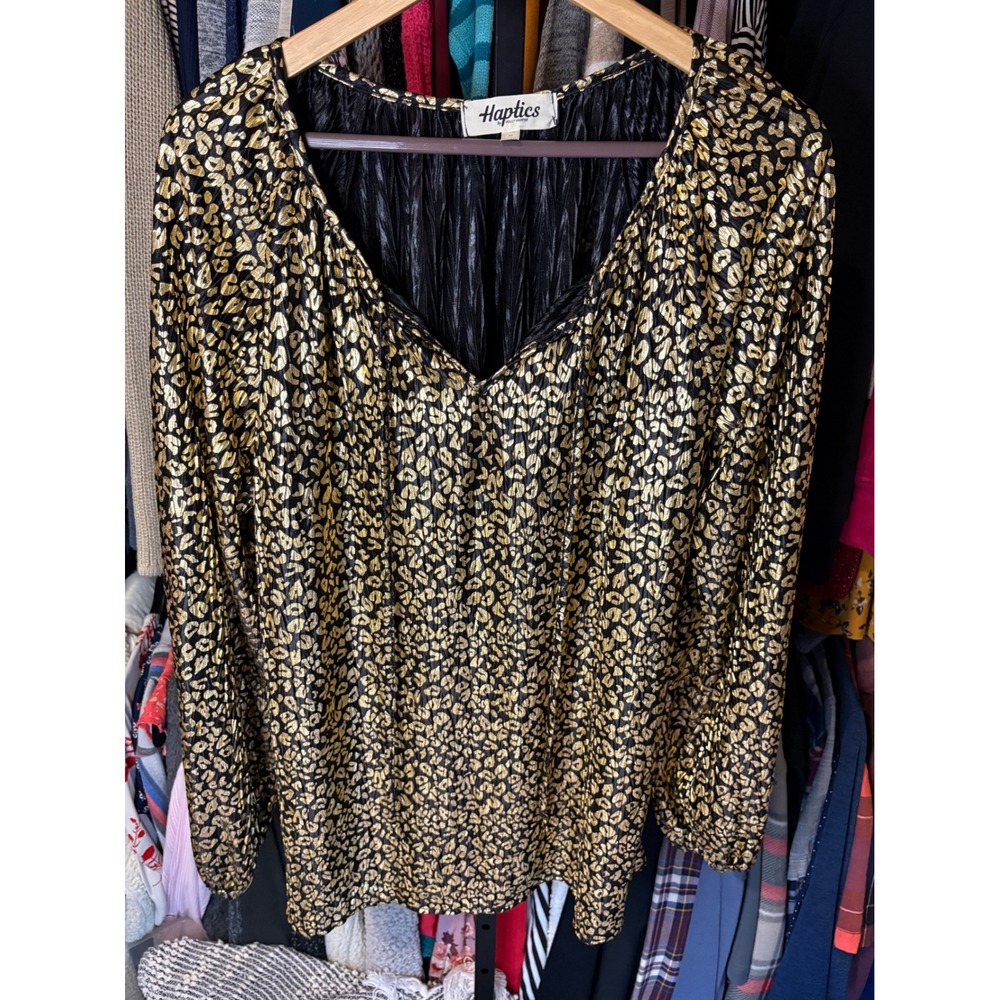 Haptics by‎ Holly Harper Size M Leopard Print Long Sleeve Blouse Top Gold Black